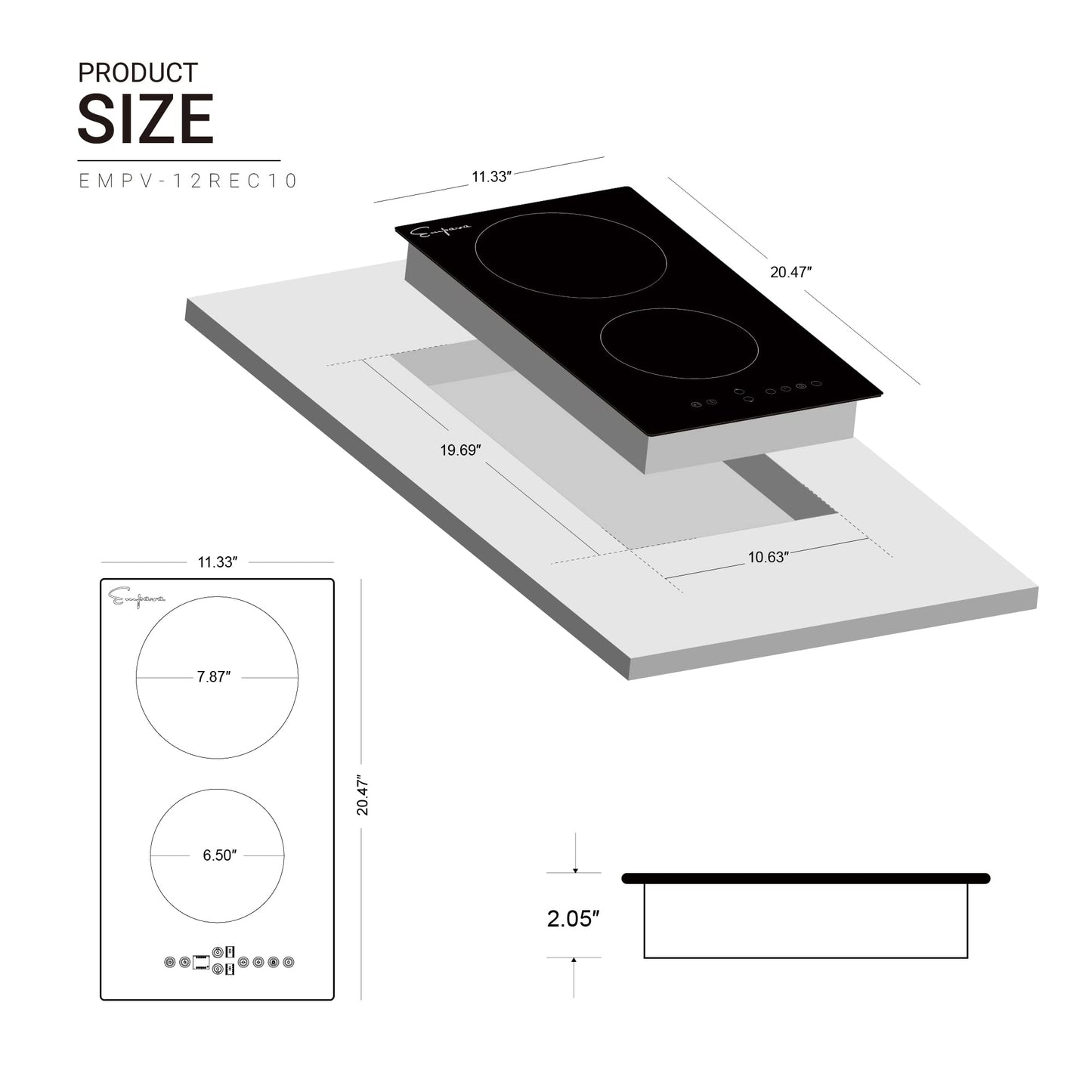 Empava 12 Inch Built-in Electric Cooktop with 2 Burners, Touch Control, Individual Timers, Stop & Go, Child Lock, Flush Mount Design, ETL Certified, 1200W & 1800W Zones, Hard Wired(No Plug)