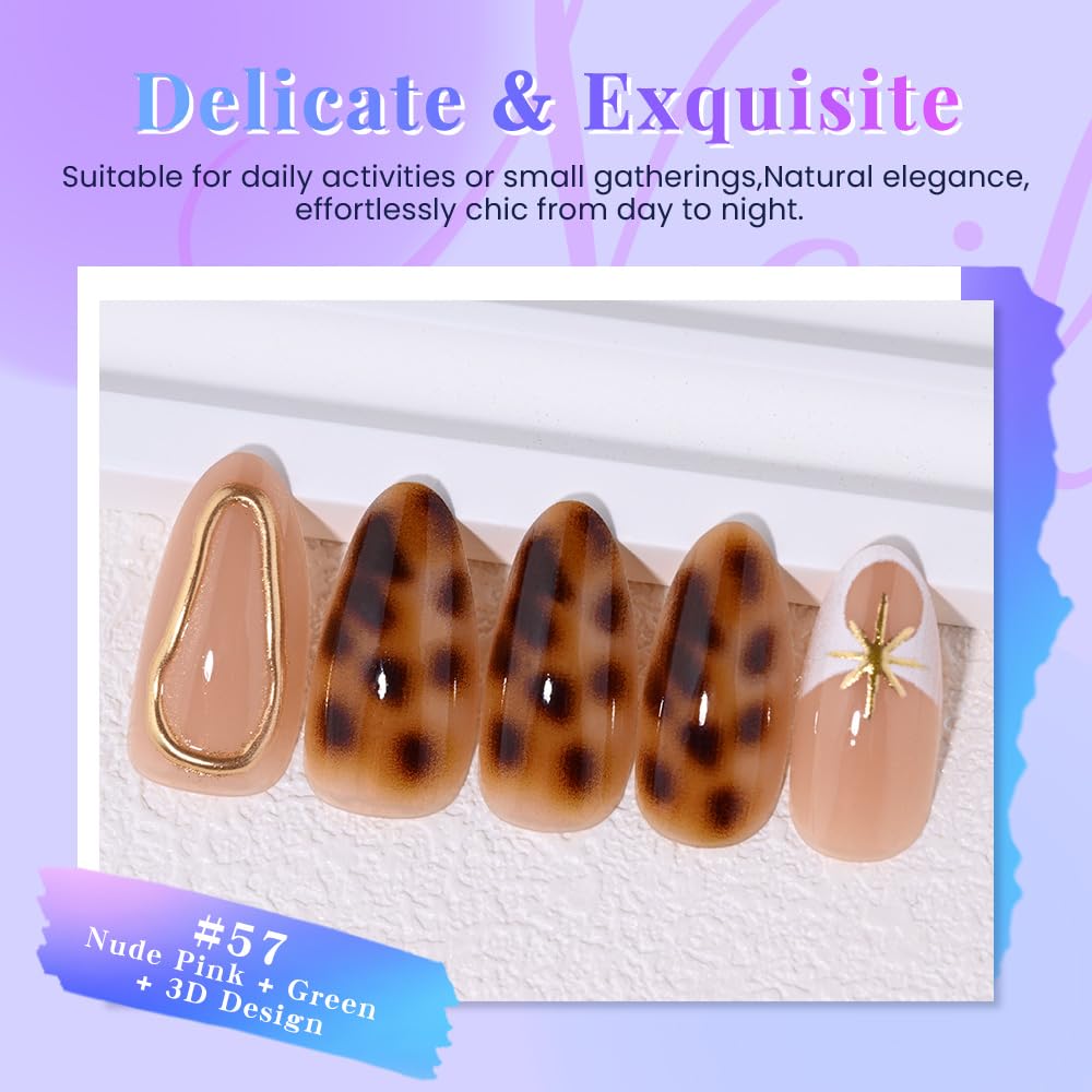 evpct Nude Pink Press on Nails Short Almond with Green Nails, Sexy Brown French Tip Stick on Nail for Women, Reusable Full Cover Soft Press on Fake Nail with 3D Gold Line Design Perfectly Fit