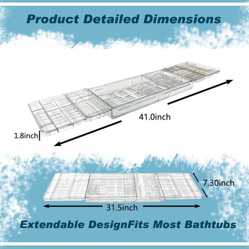 lizeisadi Large Capacity Adjustable Bath Tub Tray - Transparent Acrylic Rectangular Modern Bathroom Tray - Easy Clean, Sturdy Durability - Fits Most Bathtubs (Extended Edition)