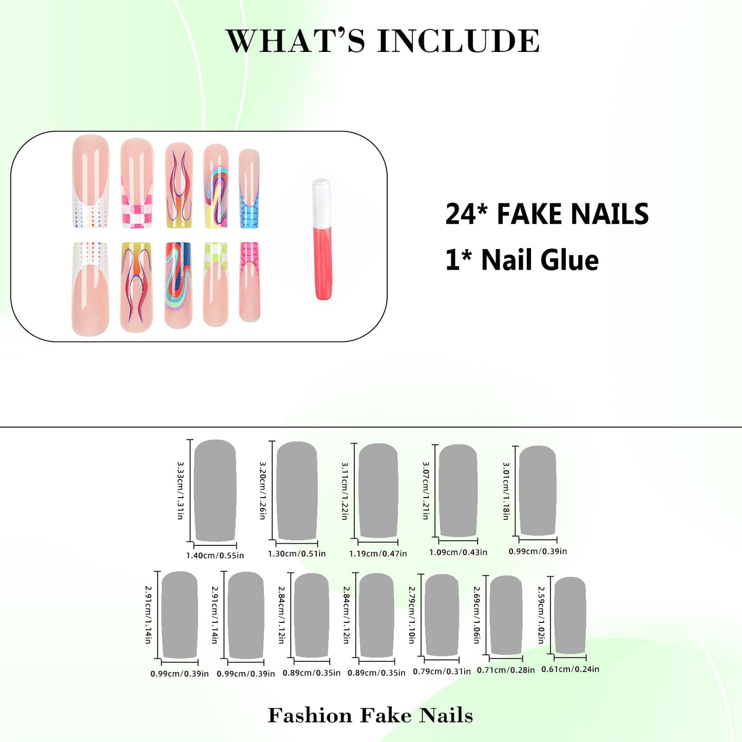 IMRAIN Press on Nails Long Square Fake Nails Colorful Flame French Tips False Nails Full Cover Squoval Glossy Acrylic Artificial Glue Stick on Nails for Women Girls 24Pcs