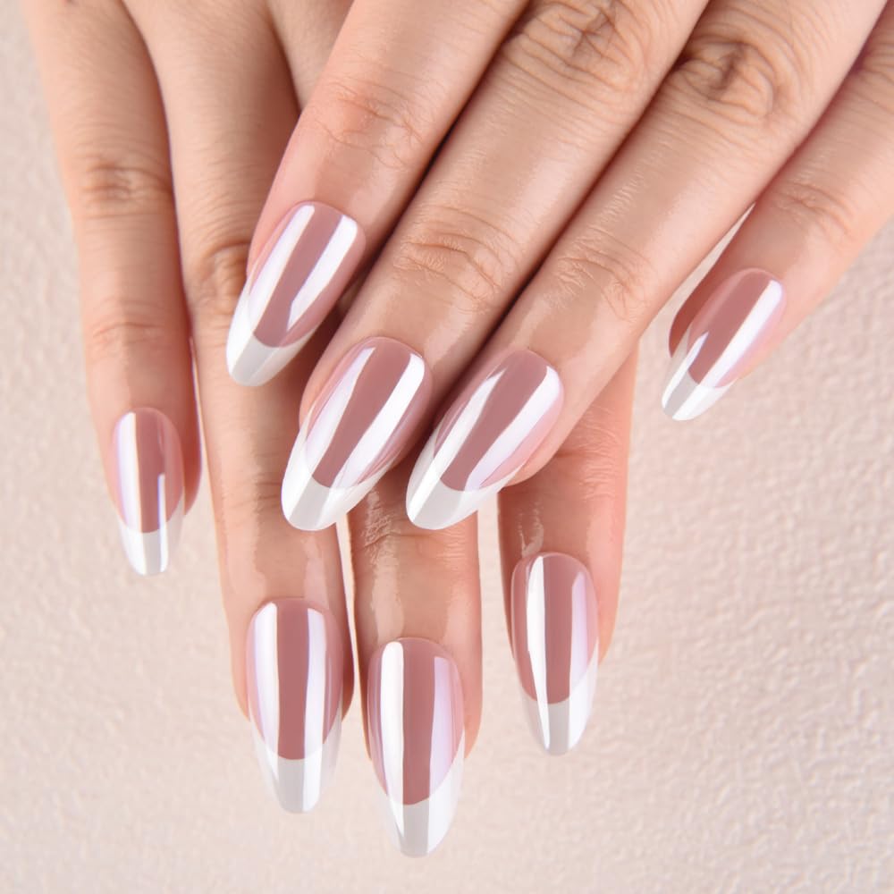 evpct French Tip Press On Nails Almond Medium, Mauve + White Tips, Chrome Glazed Glossy Medium Almond Fake False Press on Nails, Reusable Gel Stick on nail Press ons with Nail Kits, Salon Quality