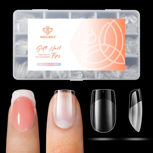 modelones Extra Short Square Gel Nail Tips, 360pcs Pre-etched Clear Fake Nails Press On Full Cover Half Matte 15 Sizes Acrylic Gel Tips for Extension Salon