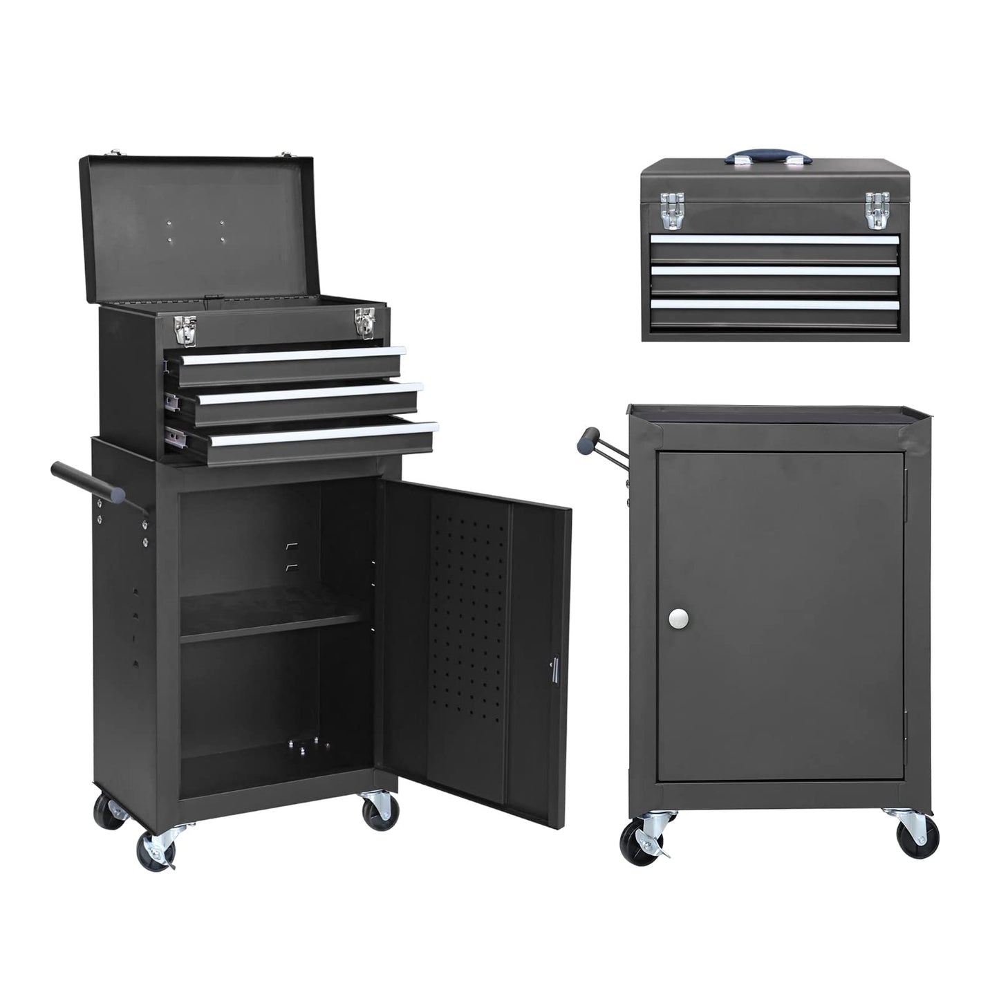 GSTANDARD APTB202B Torin Rolling Garage Tool Cabinet: Detachable 3 Drawer Tool Chest with Large Storage Cabinet and Adjustable Shelf, Black