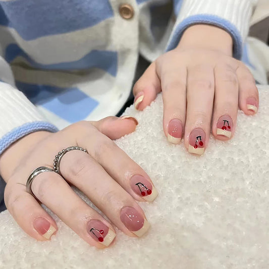 Press on Nails French Tips Short Square Full Cover Reusable False Nails Kits Glue on Nails with Cherry Designs Artificial Glossy Fingernails Acrylic Fake Nails for Women Stick on Nails Coffin Shape
