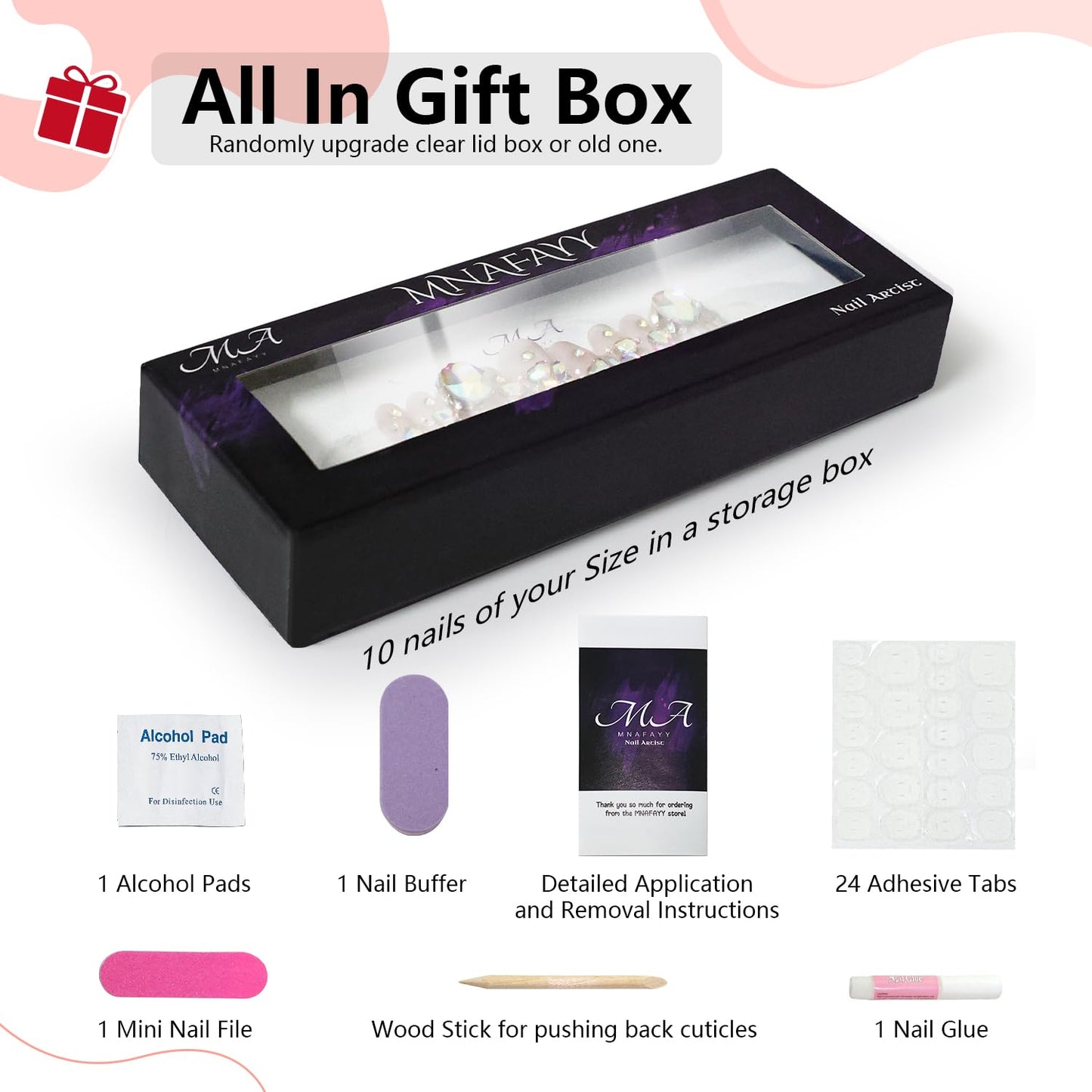MNAFAYY Luxury Gems 100% Handmade Nails Long Stiletto Press On Nails Full Cover 3D Rhinestone Crystal Gorgeous Reusable UV Finished Fake False Nails Acrylic Nail Kit With Box Gift for Women Gray S