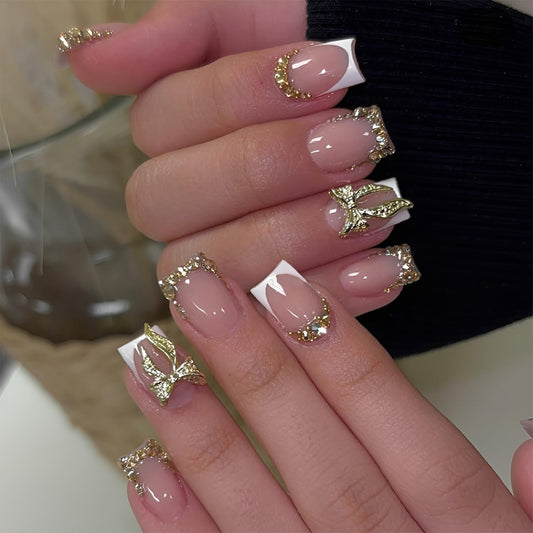 24Pcs French Tip Press on Nails Short Square Fake Nails Gold 3D Bow Nails Press Ons Glossy False Nails with Rhinestones Design White Nude Glue on Nail DIY Stick on Nail Decoration Set