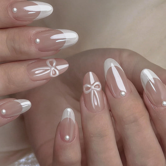 HOSAILY White Chrome Press on Nails Medium Almond, Cute Bow Pearl Charm Design Pretty White French Tip Press ons for Women, 30pcs Glossy Durable Daily Wedding Prom Thick Full Cover Stick on Fake Nails