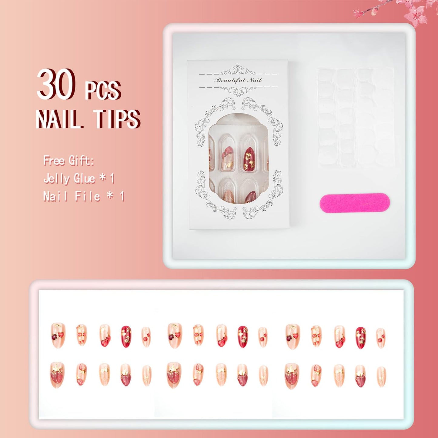 30Pcs Short Almond Press on Nails Valentines Fake Nails with 3D Strawberry Cherry Designs Gilded Lines False Nails Nude Glossy Full Cover Fruit Acrylic Stick on Nails for Women Festive Manicure Decor