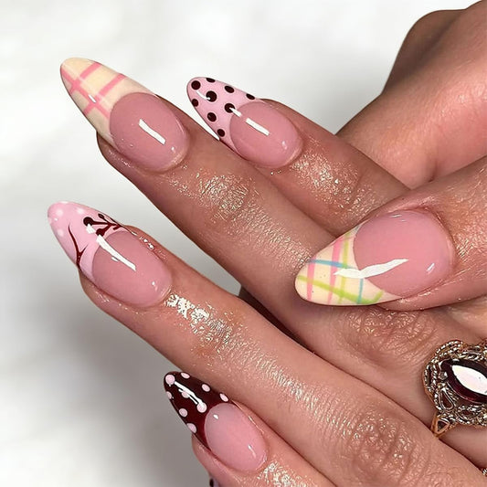 French Press on Nails Short Almond Fake Nails Polka Dot Nails Colorful Stripe False Nails Press ons with Colorful Tip Design Glossy Acrylic Full Cover Glue on Nail for Women Manicure 24Pcs