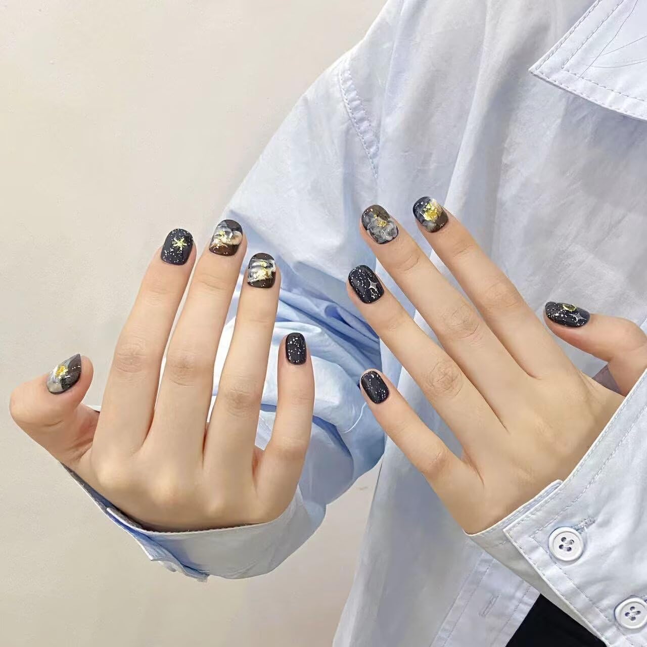 Handmade Press On Nails Reusable Stick On Fake Nails Blue oil Painting Style Stars and Moon Luxury Elegant Sexy Style For Women Gift With Nail Glue M