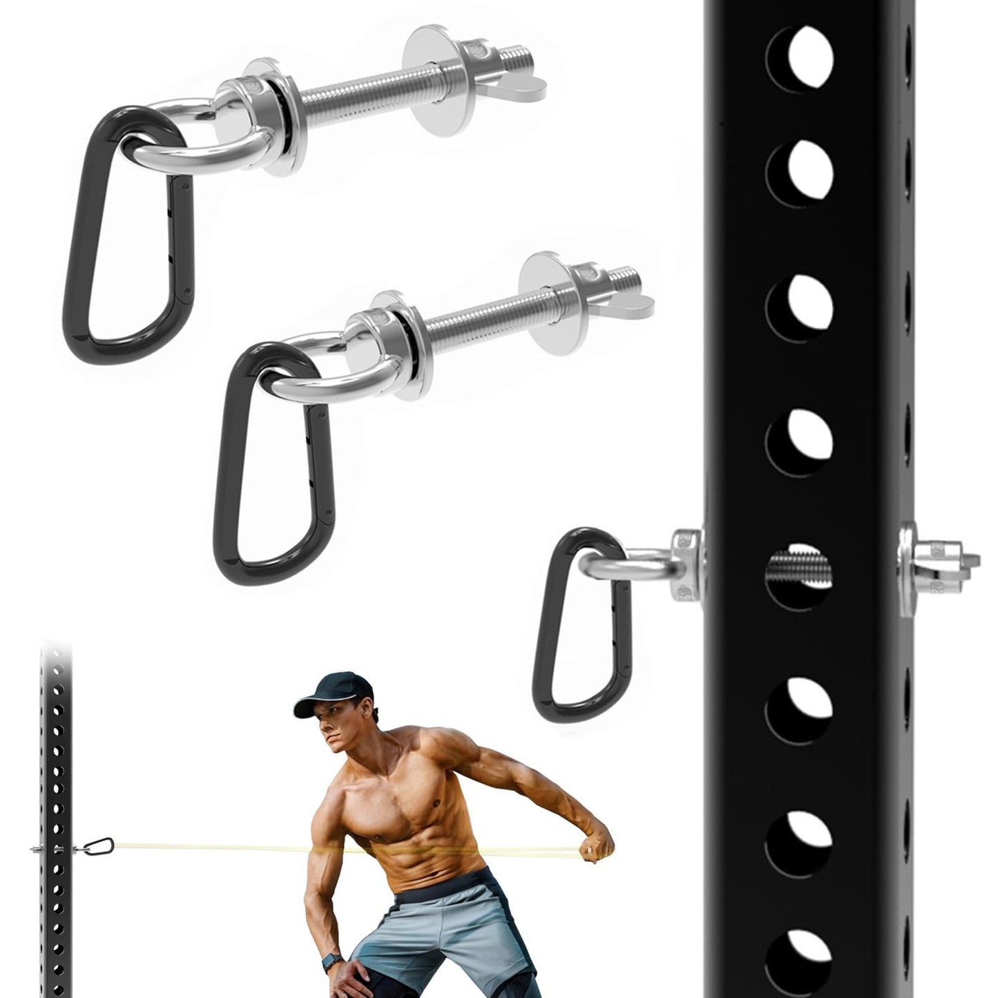 J Bryant Heavy Duty Rack Anchor – Stainless Steel Resistance Band Pegs with Large Carabiner for 5/8" & 1"" Power Rack – Multi-Purpose Attachment for Strength Training & Gym Equipment Storage"