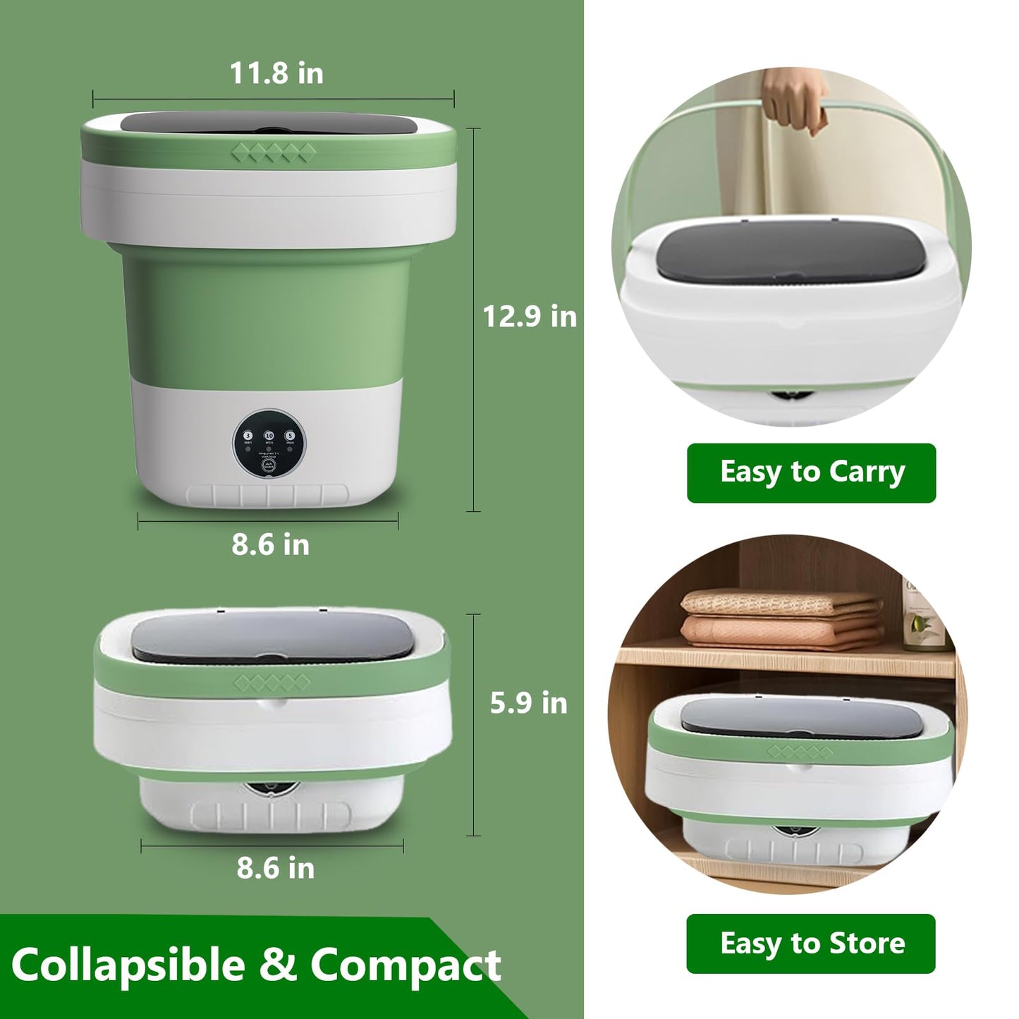 LGLRTD Portable Washing Machine, 15L Mini Collapsible Washer with 3 Cleaning Modes for Baby Clothes, Underwear, Small Foldable Laundry for Travel Apartment Home Dorm Hotel Camping (White+Green)