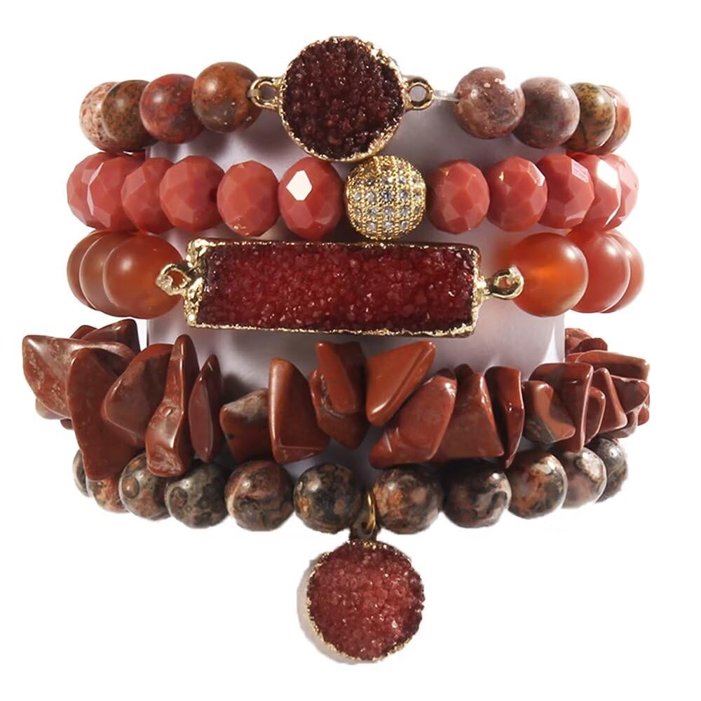 Yomisa 5PCS Natural Boho Beaded Bracelets for Women Men,Healing Turquoise Jasper Agate Crystal Gemstone Stone Diamond Chakra Multilayer Wrap Bohemian Handmade Jewelry Beads Stretch Bracelet Set