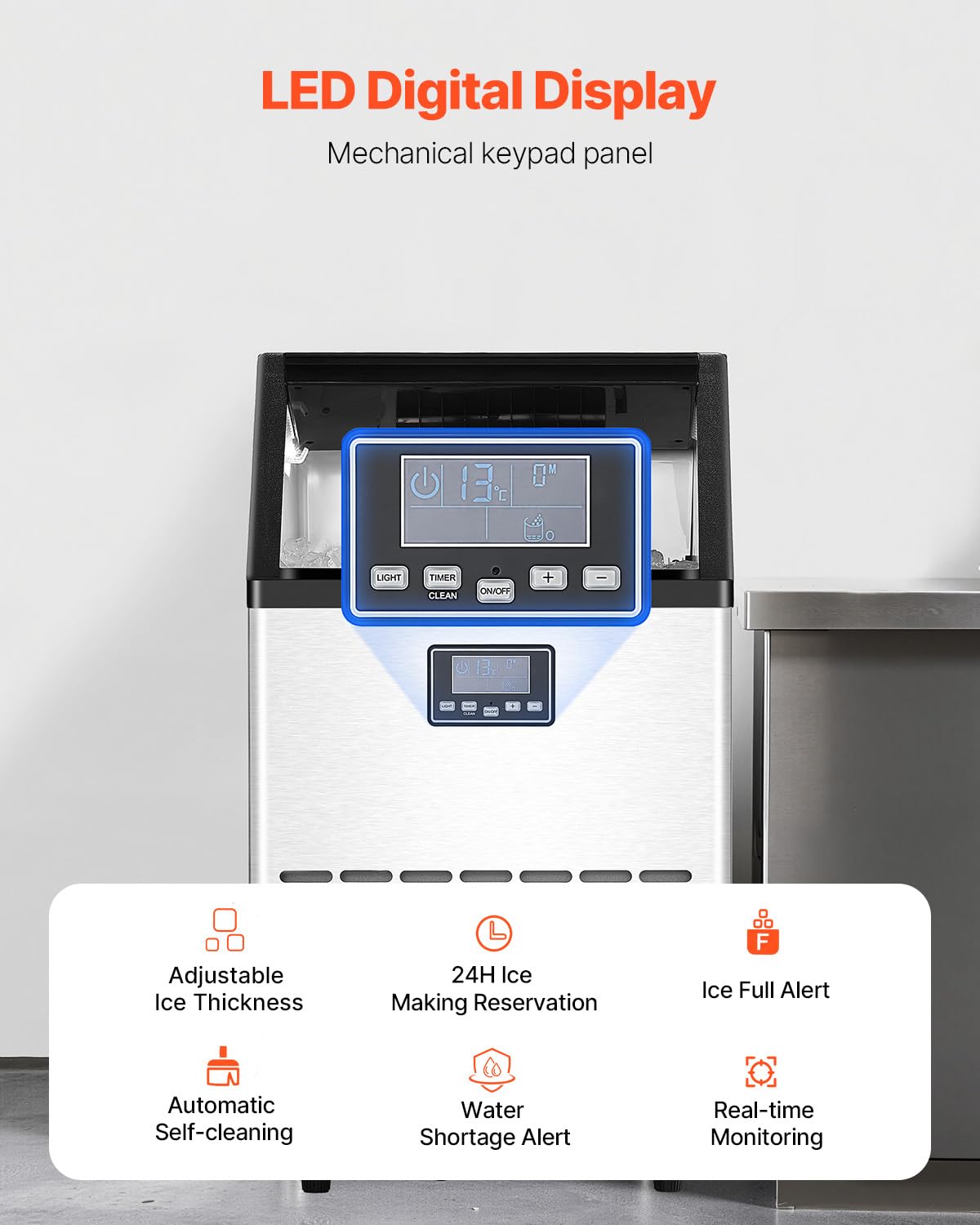 VEVOR 150lb/24h Commercial Ice Maker with 2 Water Inlets 45 Ice Cubes in 15 Minutes 33lb Capacity for Bar Office Restaurant with LED Digital Display and Self-Cleaning
