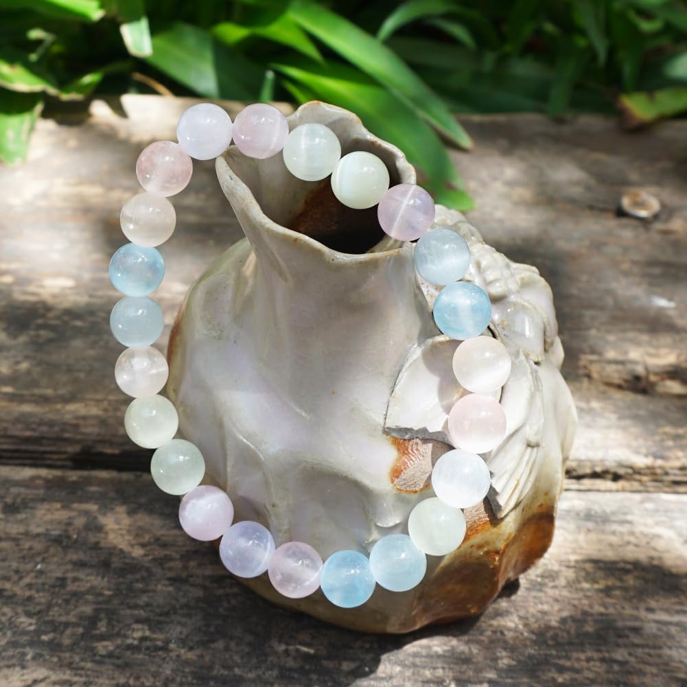 TaHLga 8mm Macaron Selenite Bracelet - Multi-Color Natural Crown Chakra Crystal | Handmade Sweet Color Meditation Bracelet with Cat-Eye Effect | Beading Tool Kit - Adjust to 6.5-7.5 inches Wrist Size