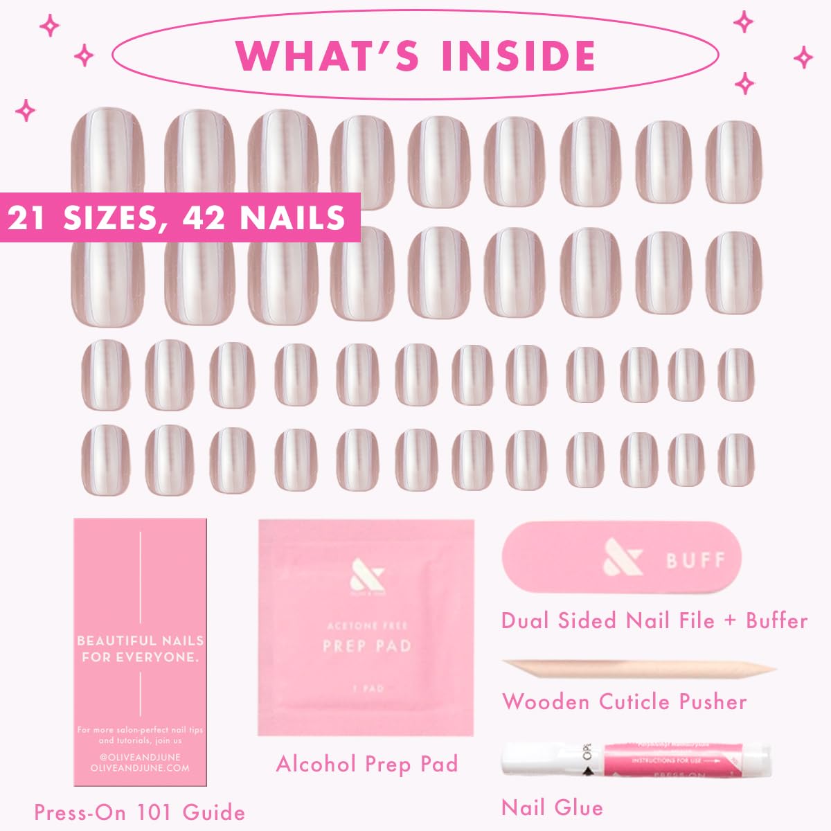 Olive & June Minimalist Instant Mani Press On Nails (Glue) | 42 Fake Nails, 21 Sizes | Non-Toxic, Long-Lasting Barely-There Look | Salon-Quality at Home | Extra Short, Squoval | Taupe Jelly Chrome
