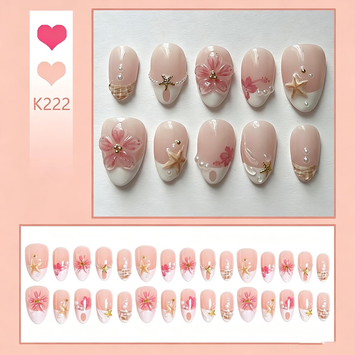 Short Almond Press on Nails French Tip Fake Nails with 3D Flower & Starfish Charms Design Glossy Acrylic False Nails Full Cover Stick on Nails Summer Beach Ocean Style for Women Girls 30Pcs