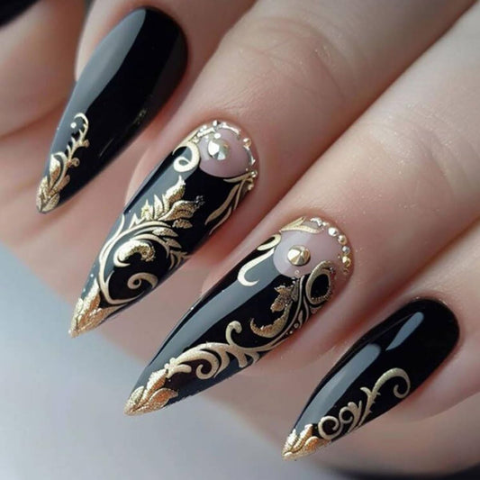 Luxurious Black and Gold Baroque 24Pcs Long Stiletto Shape, 3D Golden Filigree & Rhinestone Accents – Elegant Gothic Victorian Style False Nails, Reusable