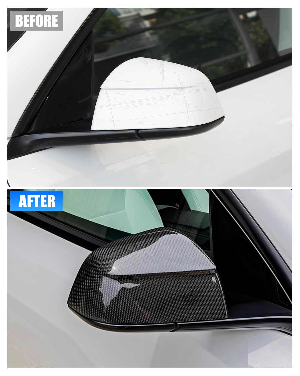 Carbon Fiber Mirror Cover Replacement Side View, 2PCS Glossy Real Carbon Fiber Rearview Mirror Protection Cover Compatible with Tesla (model y and juniper)