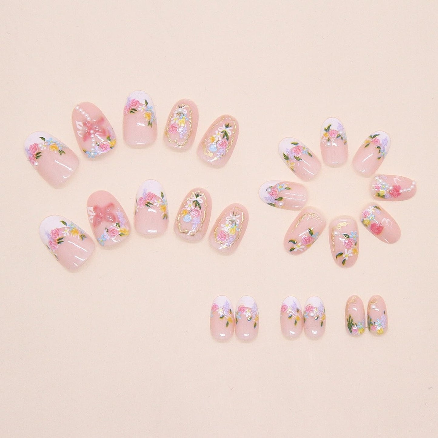 White French Tip Press on Nails Short Oval SWEKKE Fake Nails Floral False Nails with Gold Curve Line Rose Bow Pearls Designs Cute Glossy Glue on Nail Acrylic Nail for Women Girls 24Pcs