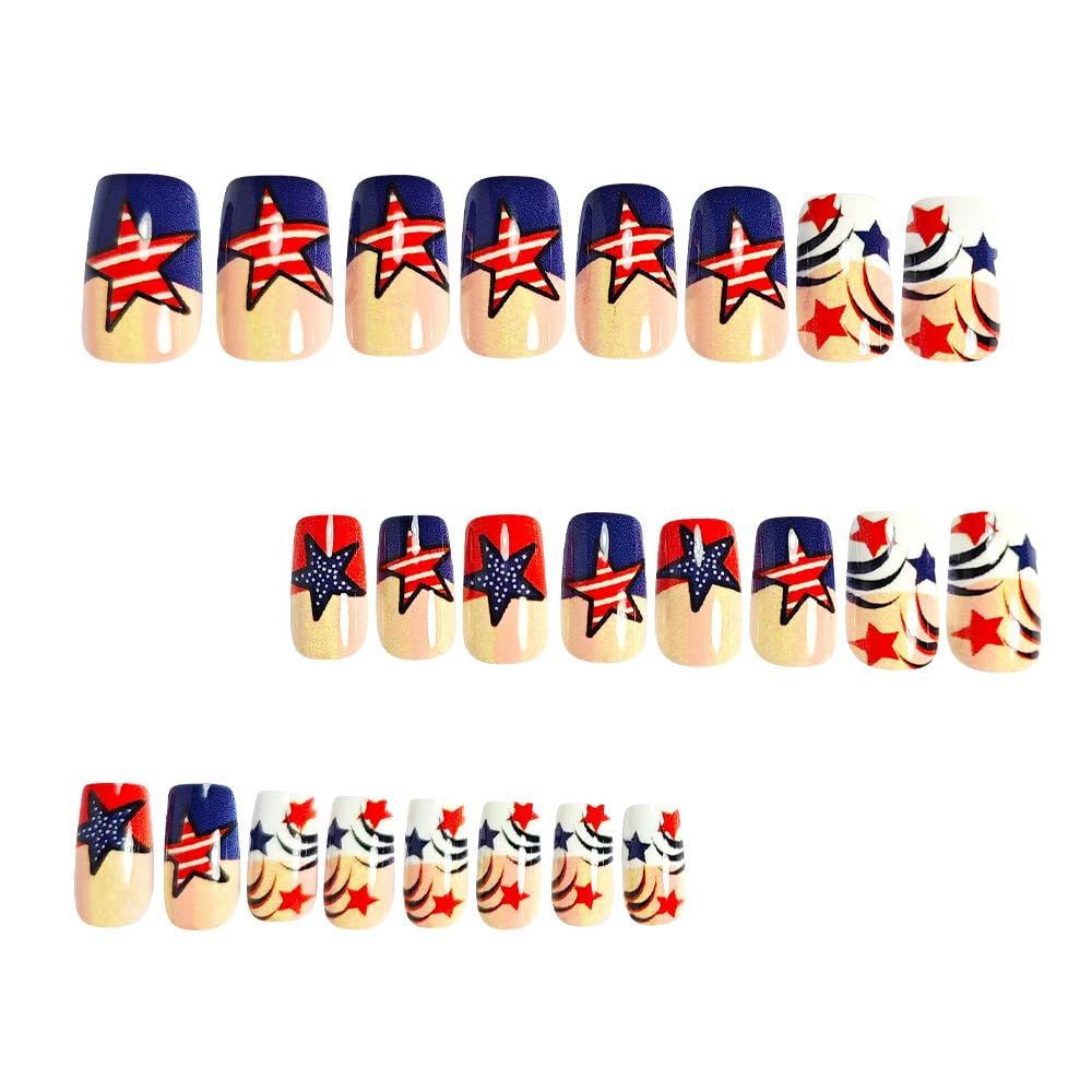 24Pcs 4th of July French Tips Press on Nails Short Square American Flag Star Designs Fake Nails Independence Day Fireworks Acrylic Stick on Nails for Women Girls DIY Manicure Decorations 24Pcs