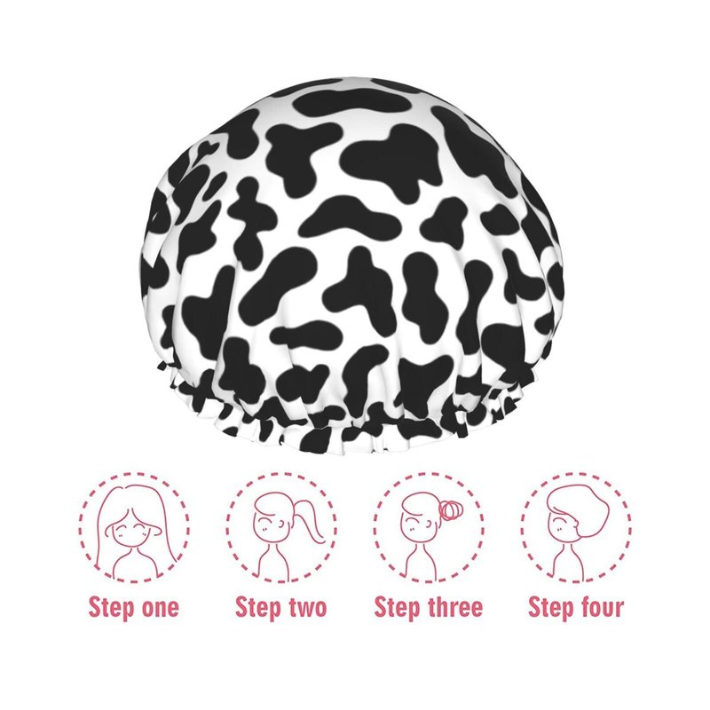 Black And White Cow Skin Abstract Animal Farm Shower Cap For Women Adjustable Double Waterproof Layers Bathing Bath Cap Hair Protection Reusable Ladies Spa Salon Shower Hat