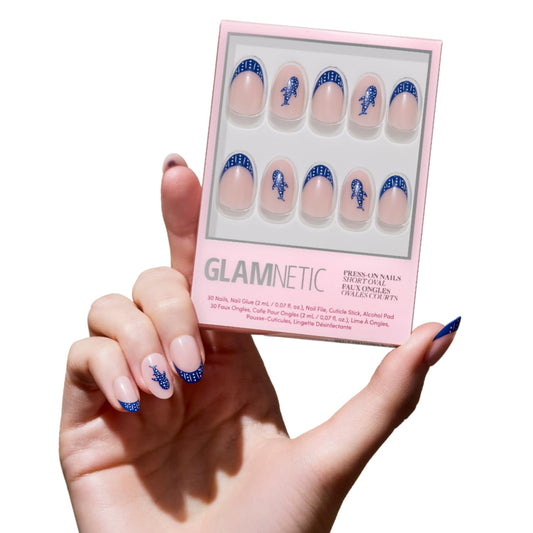 Glamnetic Press On Nails - Short Oval Fake Nails with Blue French Tips, Polka Dots & Whale Accents | Salon Quality Summer Nails | Whale Waves | 15 Sizes - 30 Nail Kit with Glue