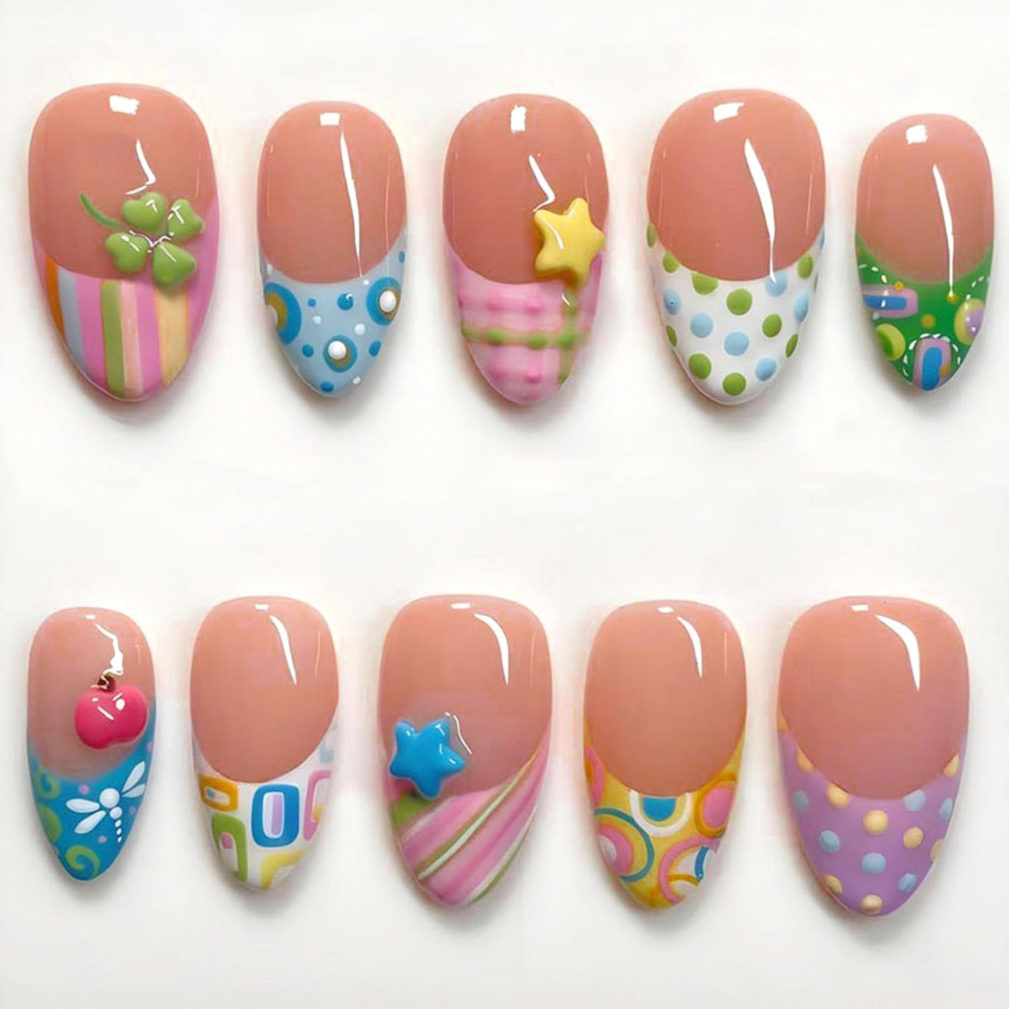 30Pcs Colorful Polka Dot Press on Nails Medium Almond French Fake Nails Color Stripes Design False Nails 3D Star & Apple & Clover Acrylic Nails Nude Glossy Full Cover Artificial Glue on Nail for Women