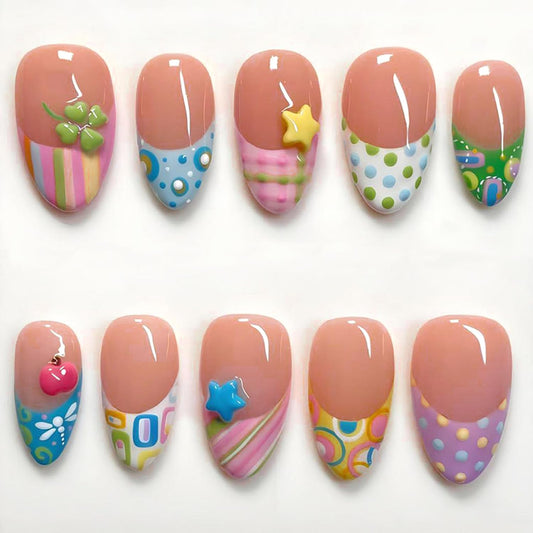 30Pcs Colorful Polka Dot Press on Nails Medium Almond French Fake Nails Color Stripes Design False Nails 3D Star & Apple & Clover Acrylic Nails Nude Glossy Full Cover Artificial Glue on Nail for Women