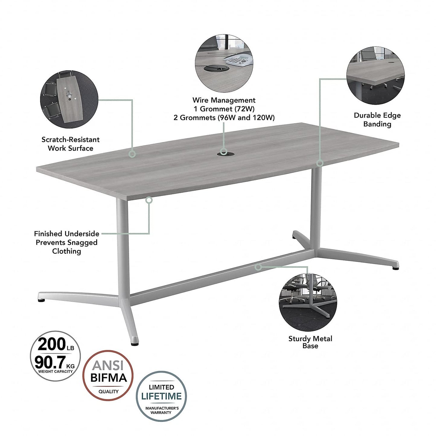 Bush Business Furniture 96-inch Office Conference Table with Metal Base, Boardroom Meeting Space for 8 Users, Platinum Gray
