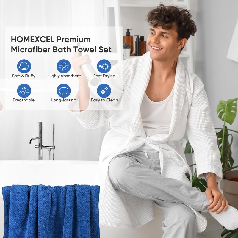 HOMEXCEL Bath Towel Set Pack of 4, 30 x 60 Inches Large Microfiber Bath Towels, Soft, Absorbent, and Quick Dry Towels for Bathroom, Pool, Beach, Swim, and Yoga, Large Bathroom Towels, Blue