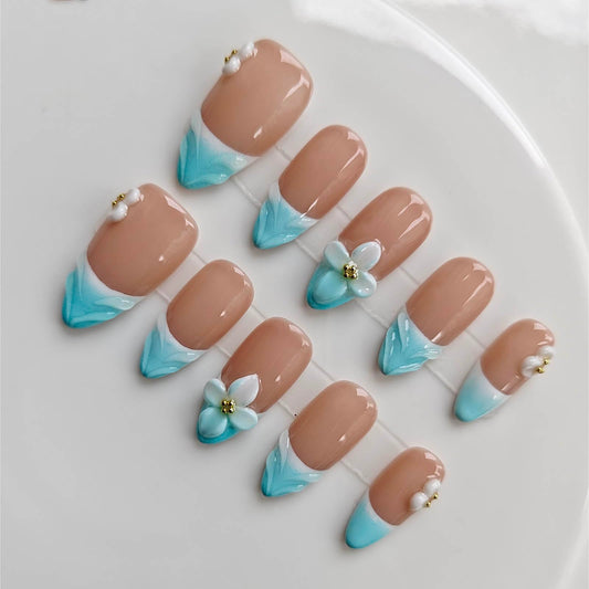 Gleamrain Almond Medium Handmade Press on Nails for Women, Handcrafted Floral Design Nude Base Blue French Tip Reusable Full Cover Fake Nail for Daily Wear Party Birthday D303