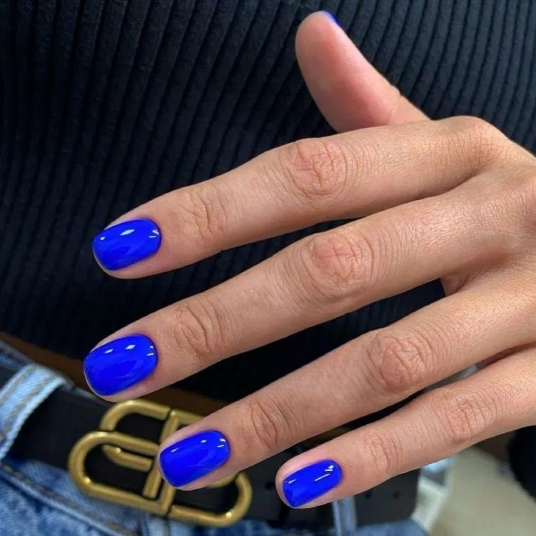 Blue Press on Nails Short Square Fake Nails Glue on Short Square Nails Press ons, Soft Gel Acrylic Glue on Stick on Nail for Women Thick Reusable Solid Color 24pcs, Royal Blue