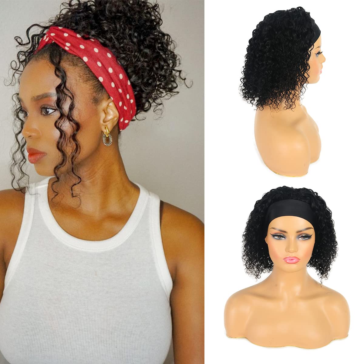 Short Curly Headband Wigs Human Hair Wig for Black Women, Glueless Kinky Curly Weave Wigs 100% Unprocessed Hair None Lace Front Wigs Color 1B 150% Density (10", 1B, Curly)