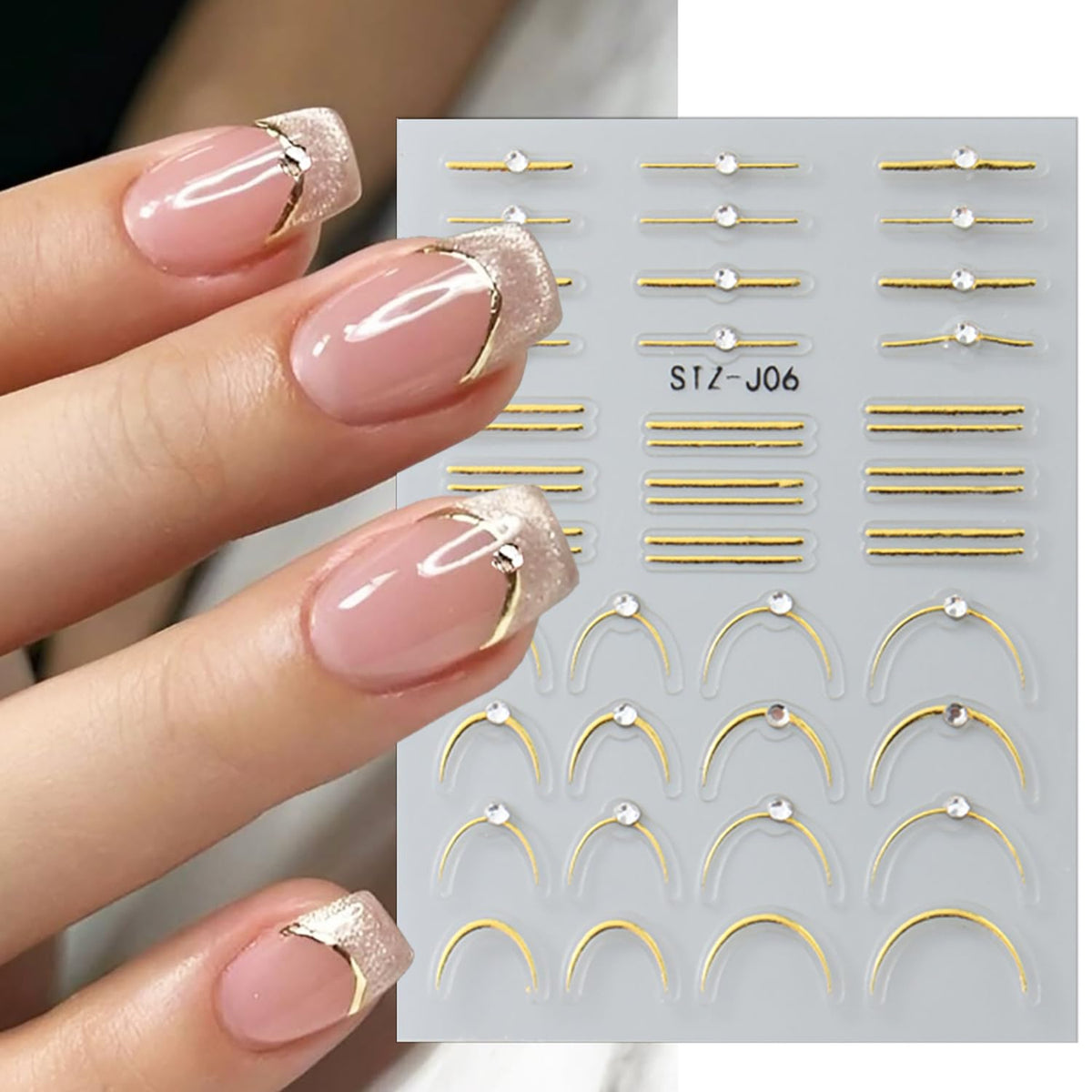 2 Sheets French Tip Nail Stickers for Nail Art Gold Silver French Nail Art Stickers with Crystal Diamond 5D Self-Adhesive Nail Supplies Embossed Line Nail Decals for Women DIY Manicure Decoration