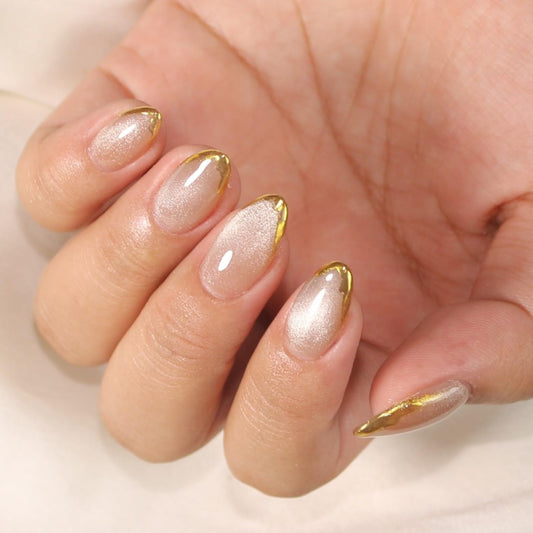 Sunruby Press On Nails Short Almond Iridescent Nude-Cat Eye with Gold Glitter French Tip | Reusable Soft Gel Nails in 12 Sizes 24 Nail Kit with Glue | Designed in L.A, Handmade in Vietnam | Golden Eye