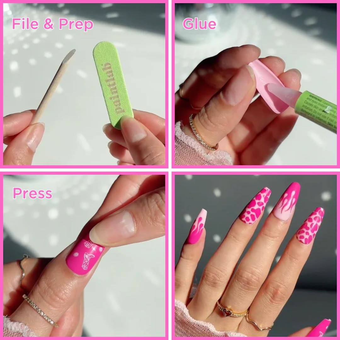 PaintLab Press On Nails - Pink Glitter Stiletto Fake Nails, 30 Nails in 15 Sizes with Glue, Reusable Salon Quality Press On Nails
