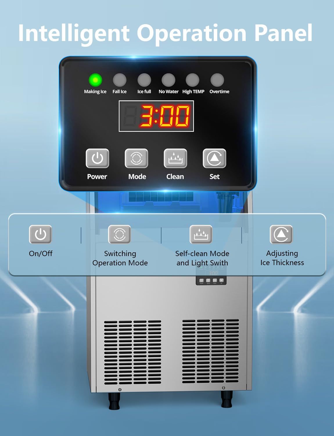 Coolski Commercial Ice Maker Machine 100Lbs/24H, Under Counter Ice Machine with 34lbs Ice Storage Bin, Stainless Steel Freestanding Ice Maker for Restaurant, Bars, Home and Offices