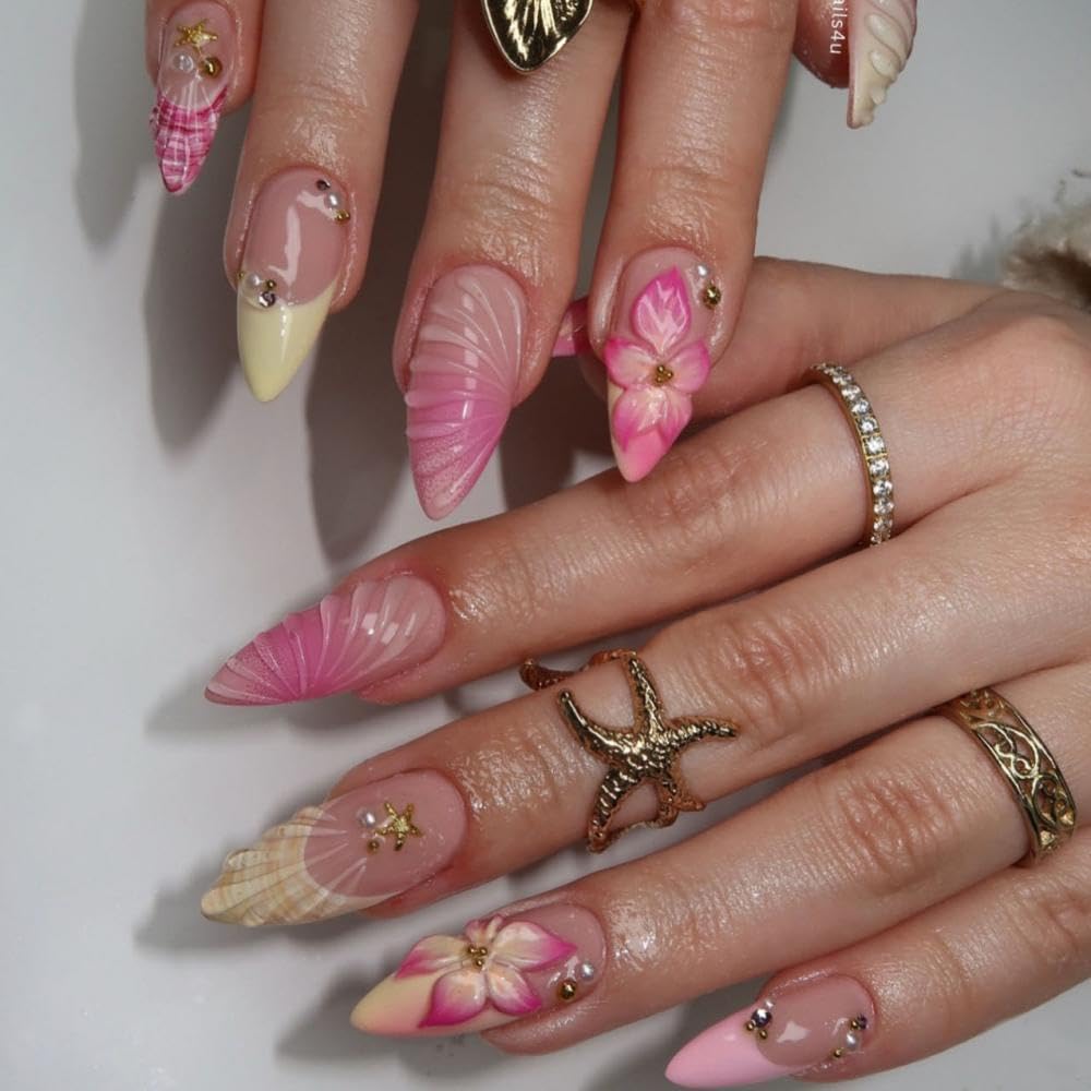 Handmade Press on Nails Medium Almond Fake Nails with 5D Rhinestones Flower Design Yellow French Tip False Nails Pearl Starfish Glue on Nail Glossy Ombre Pink Nail for Women Manicure 24Pcs
