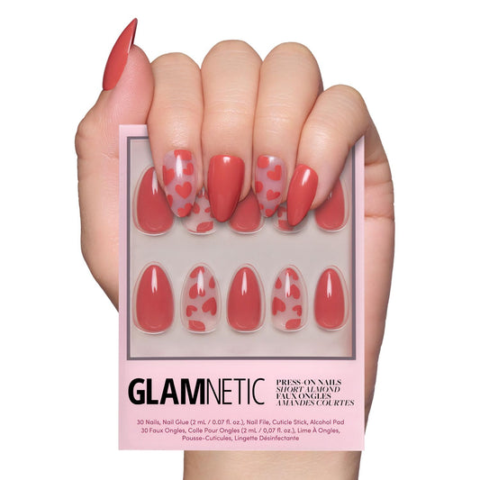 Glamnetic Press On Nails - Love Me | Glossy, Semi-Transparent, Short Almond Red Heart Fake Nails, Salon Quality | 15 Sizes - 30 Nail Kit with Glue