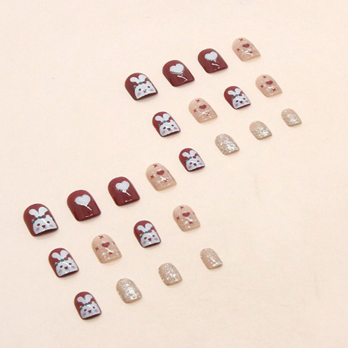 Hkanlre Square Rabbit Press on Nails Short Sequins Tips Full Cover Red False Nails Fake Nails for Women 24PCS