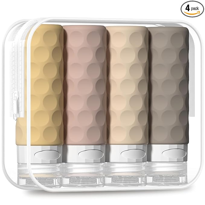 Silevoler Travel Bottles for Toiletries, 4pcs Tsa Approved 3oz Travel Size Containers, BPA Free Leak Proof Premium Silicone Bottles, Refillable Liquid Squeezable Accessories W/Toiletry Bagï¼Apricotï¼