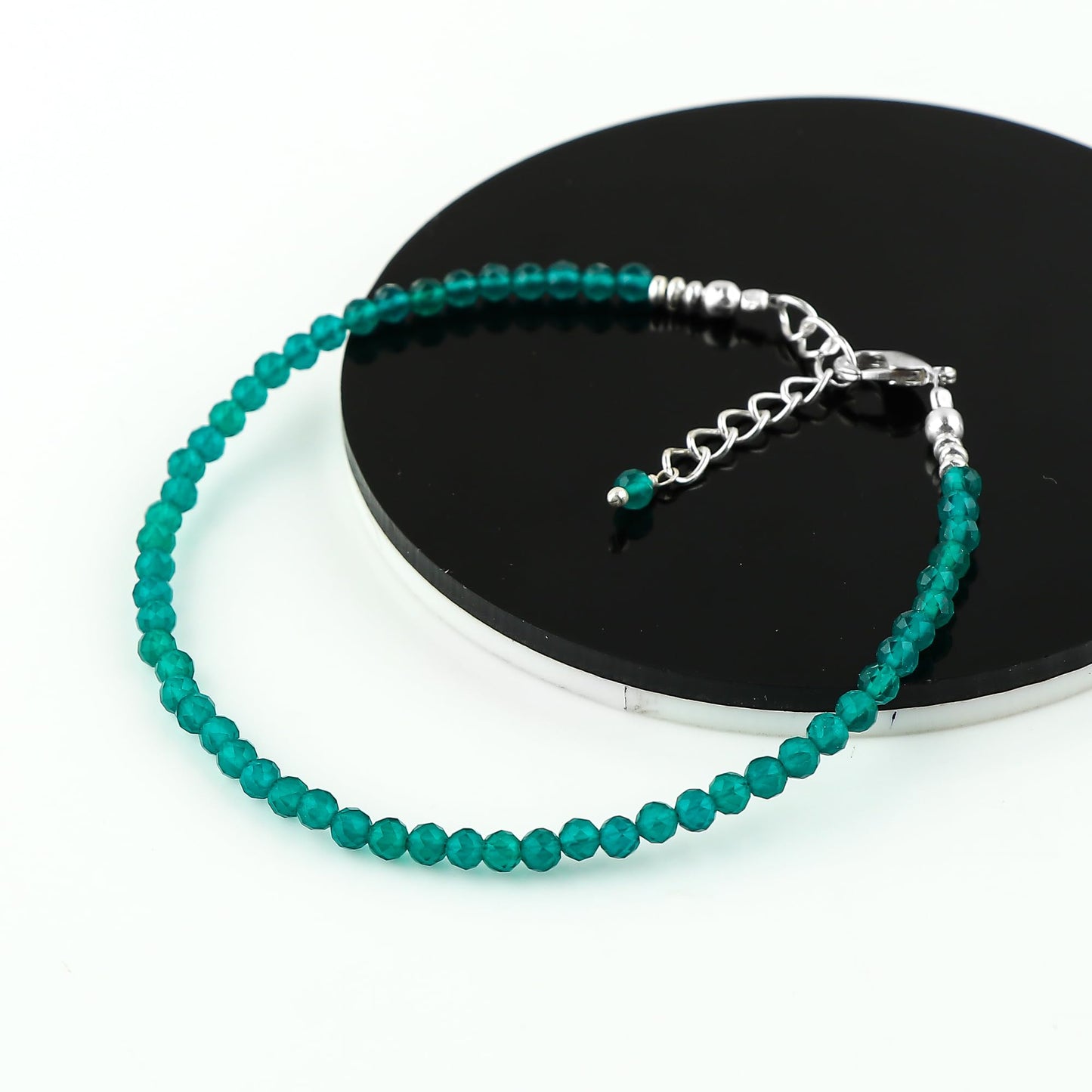 GEMSYMPHONY Natural Green Jade Beads Bracelet Birthstone Gemstone Jewelry, 3-3.5 mm Faceted Beads, Hypoallergenic 8 Inch Silver Plated Handmade Crystal Dainty Bracelets For Women (Green Jade)