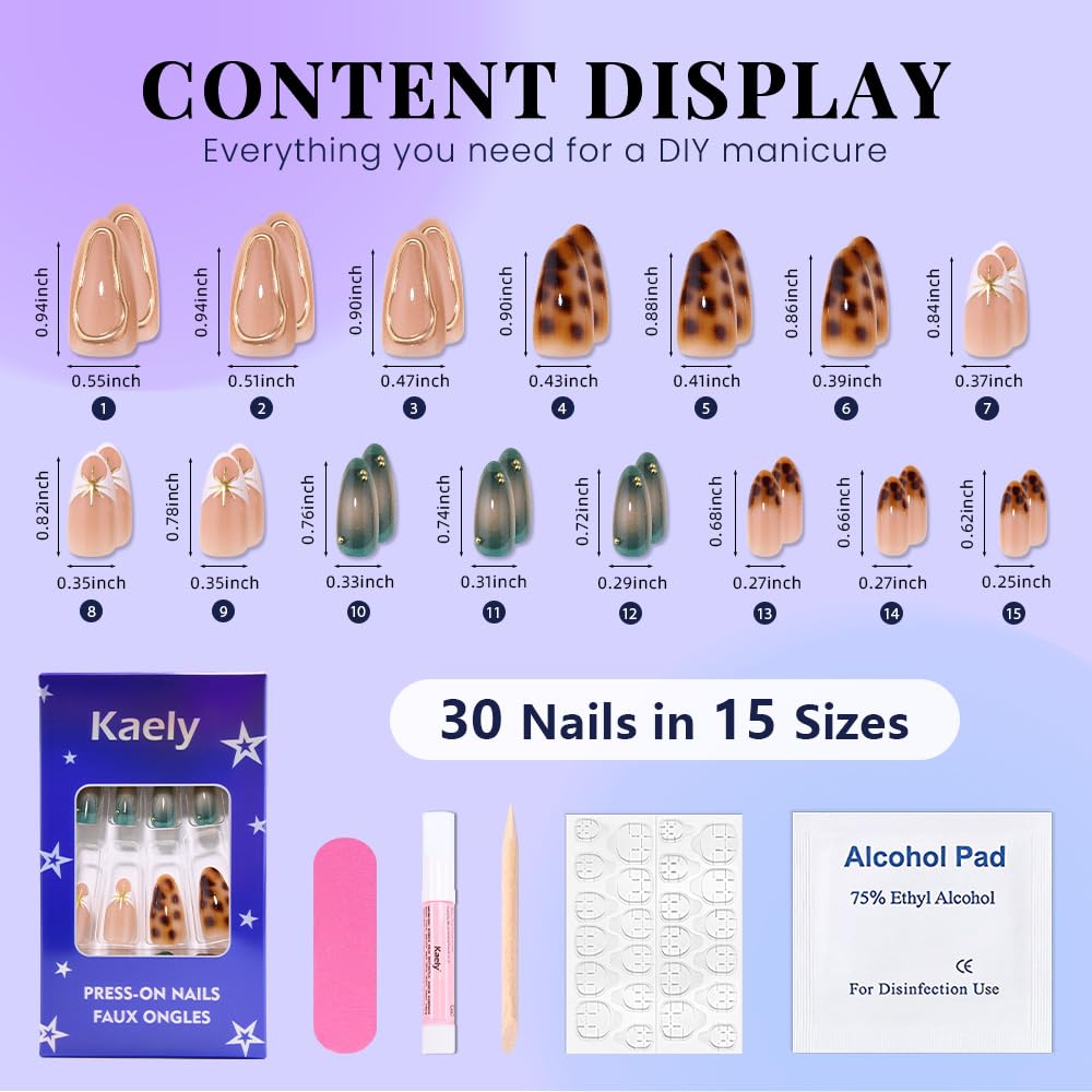 evpct Nude Pink Press on Nails Short Almond with Green Nails, Sexy Brown French Tip Stick on Nail for Women, Reusable Full Cover Soft Press on Fake Nail with 3D Gold Line Design Perfectly Fit