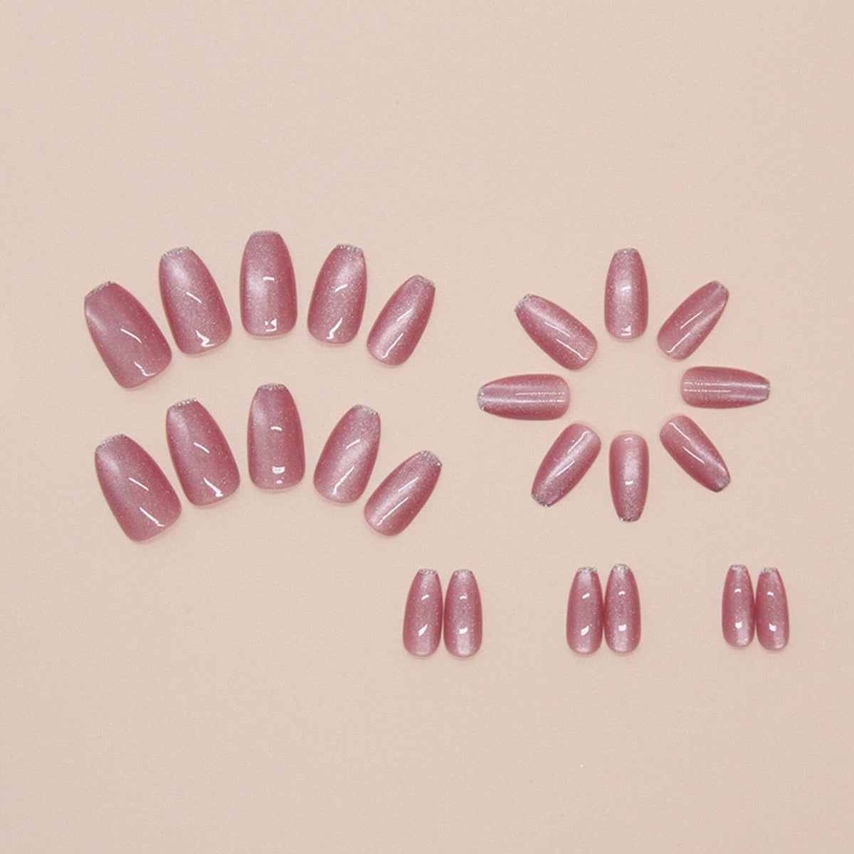Pink Press on Nails Short Fake Nails with Glitter French Tip Designs Coffin Nails Press ons Cat Eye Glue on Nails Glossy Acrylic Nails Daily Wear Natural Stick on Nails for Women 24Pcs