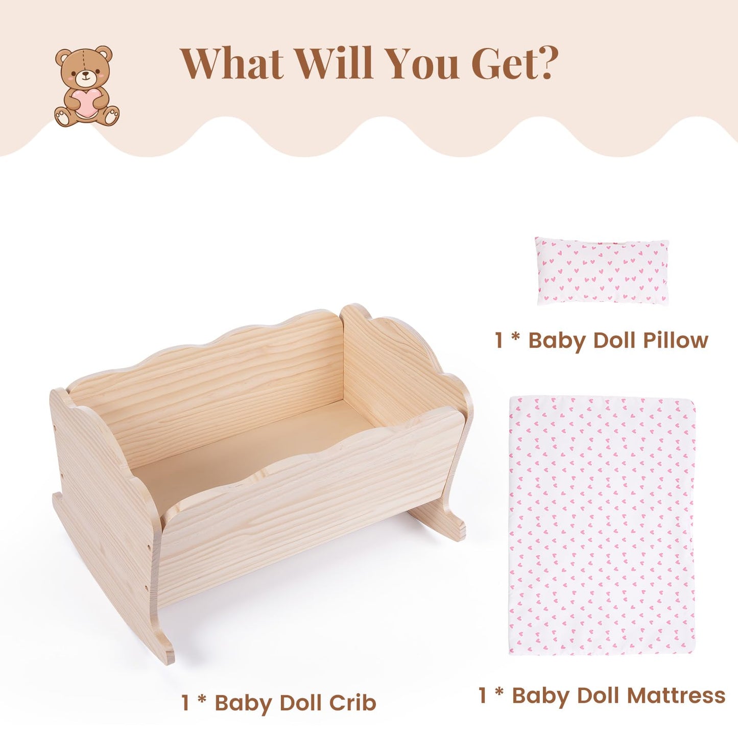 BABESIDE 3 Pcs Baby Doll Crib Set for Dolls up to 16 Inch, Wooden Baby Doll Accessories Babydoll Bed Dolls Cradle with Bedding Set for Kids Pretend Play Toys, Wood Doll Crib