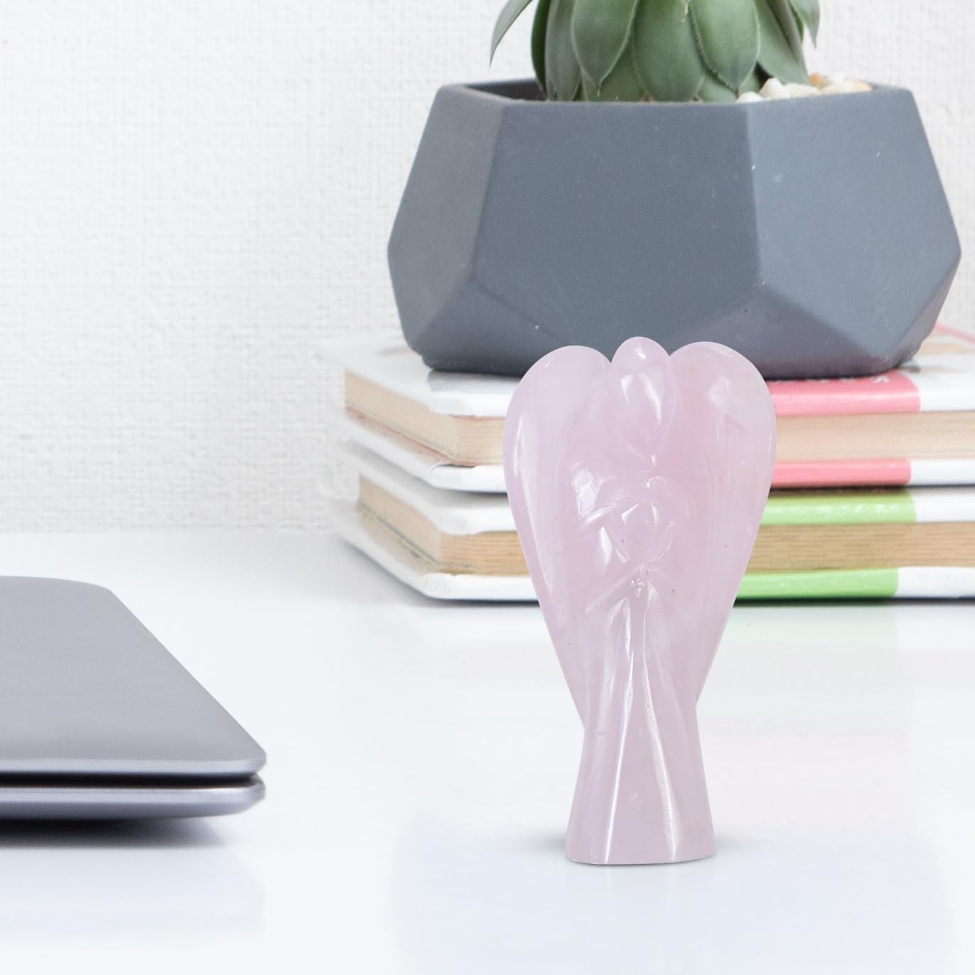 Crocon Rose Quartz Gemstone Guardian Angel Healing Figurine, Hand Carved Pocket Angel - Crystals for Positive Energy, Handmade Mini Statue for Love, Peace & Healing, Natural Gemstone Healing Figurine