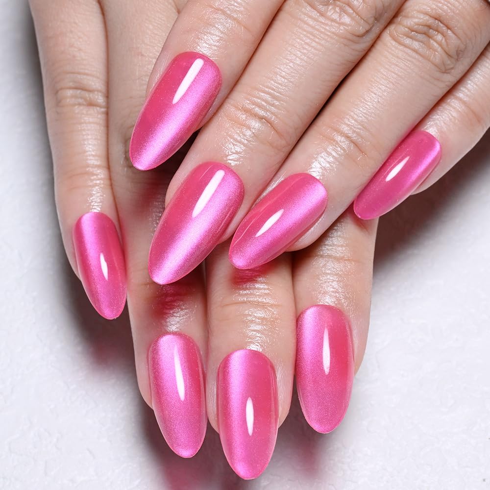 evpct Hot Pink Cat Eye Almond Medium Press on Nails for Women, Rose Red Medium Almond No Glue Stick on Nails with Cat Eye Design, Holographic Glossy Soft Nail, Reusable Press on Acrylic Fake Nail