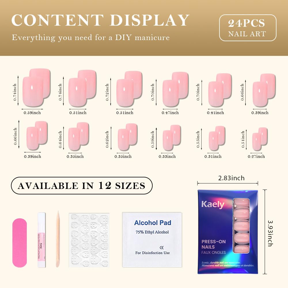 evpct Pale Nude Pink Short Square Glossy Press on Nails for Women Gift, Glossy Pale Nude Pink Fake Nail with Kits Manicure Kits, Soft Gel Full Cover Reusable Stick on Acrylic False Nails Perfectly Fit