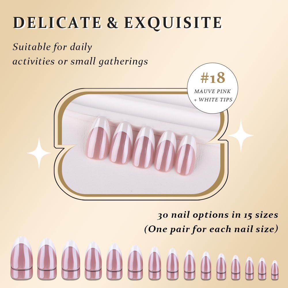 evpct French Tip Press On Nails Almond Medium, Mauve + White Tips, Chrome Glazed Glossy Medium Almond Fake False Press on Nails, Reusable Gel Stick on nail Press ons with Nail Kits, Salon Quality